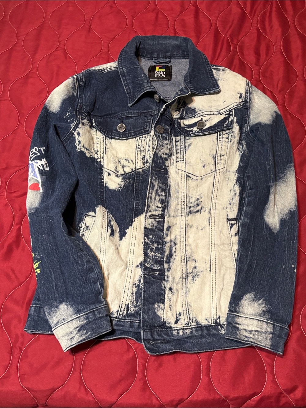 Kids Bleach-Wash Denim Jacket with Graphic Sleeve - Blue/White